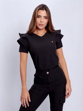 Women's Black Ruffle Sleeve V-Neck Tee